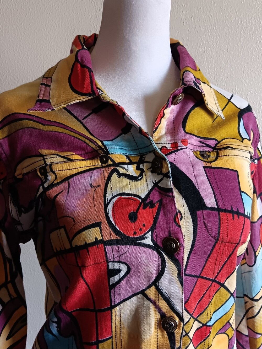 Y2K 90s Vibrant Abstract Multicolor Artsy Button Up Jacket Mirror Image Small - Picture 2 of 12